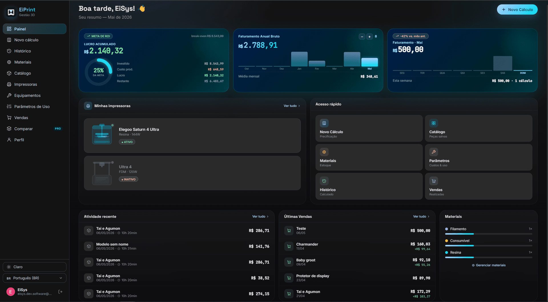 Dashboard web com análise de custos e métricas de impressão 3D em tema escuro