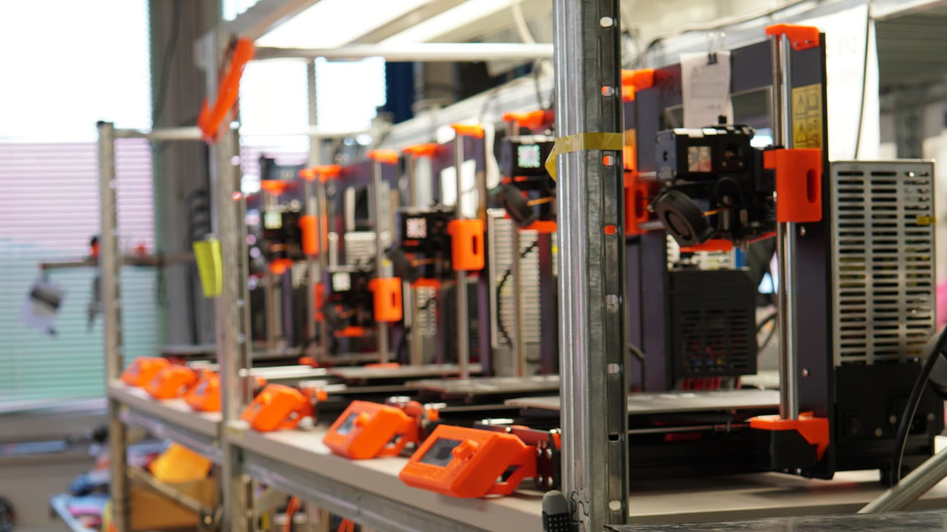 Fábrica com múltiplas impressoras 3D Prusa em bancada — tendências do mercado de impressão 3D 2026